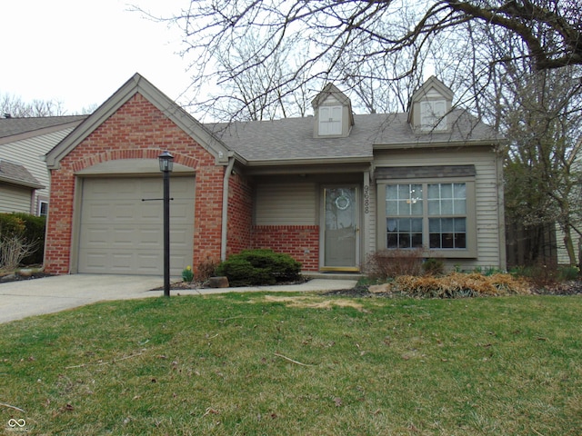 view of front facade featuring brick siding, a shingled roof, concrete driveway, a front yard, and a garage