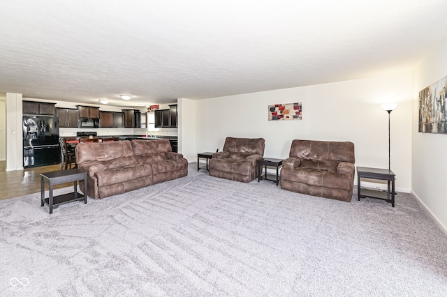 living room with baseboards, a textured ceiling, and carpet