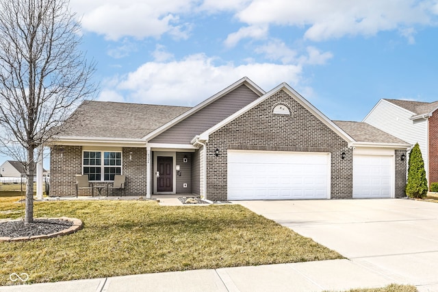 ranch-style house with driveway, a front yard, a shingled roof, a garage, and brick siding