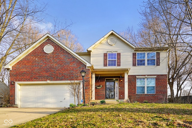 traditional home with a garage, brick siding, and driveway