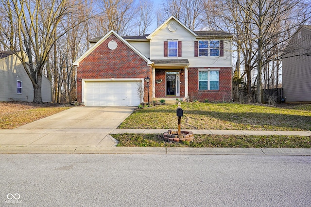 traditional-style house with a front yard, a garage, brick siding, and driveway