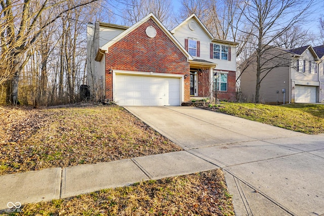 traditional home featuring concrete driveway, brick siding, a garage, and a chimney