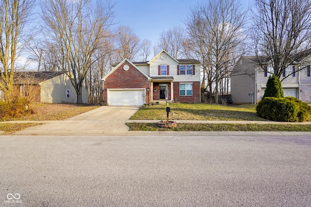 traditional-style home featuring a front lawn, a garage, brick siding, and driveway