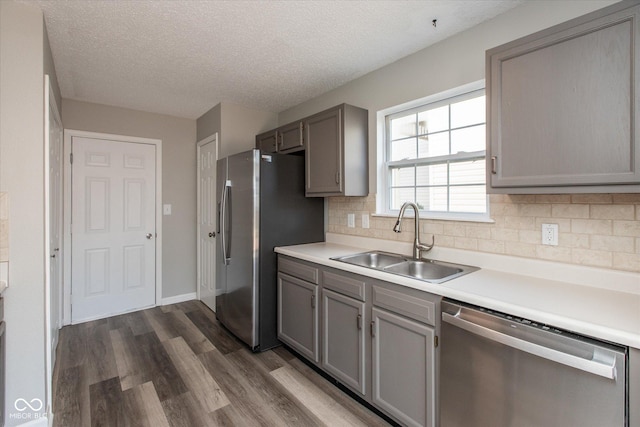 kitchen featuring dark wood finished floors, gray cabinets, stainless steel appliances, and a sink