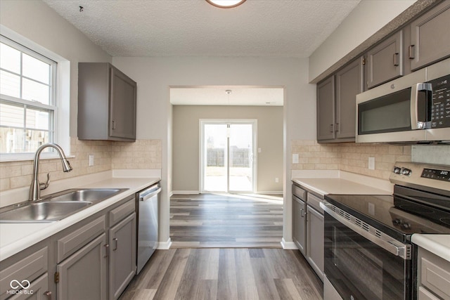 kitchen with a sink, stainless steel appliances, gray cabinetry, and light countertops