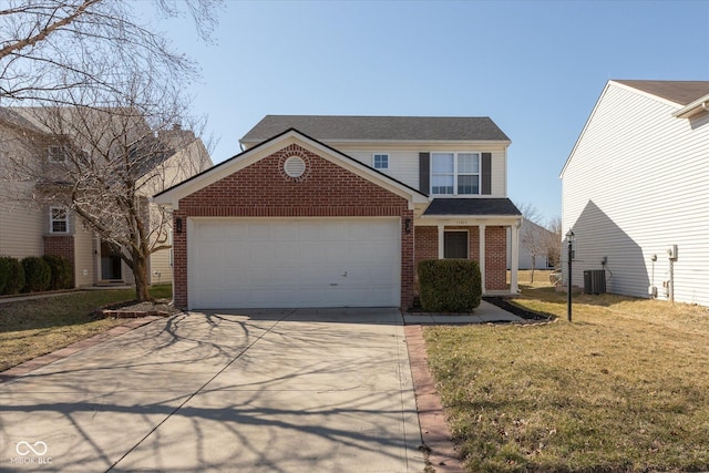 traditional home with brick siding, a front lawn, central air condition unit, concrete driveway, and a garage