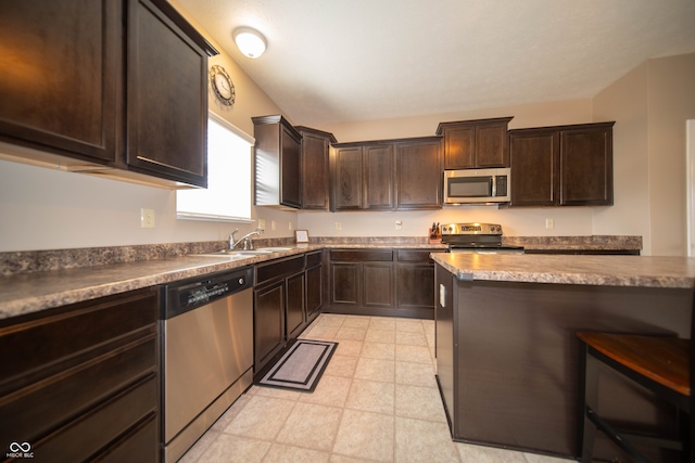 kitchen with dark brown cabinetry, light floors, appliances with stainless steel finishes, and a sink