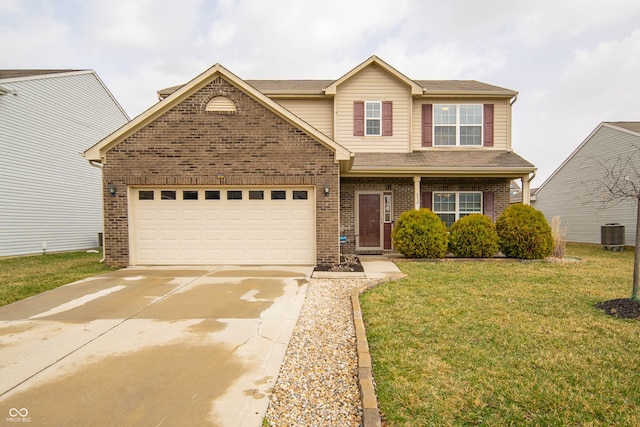 traditional-style house featuring a front lawn, central AC, concrete driveway, an attached garage, and brick siding