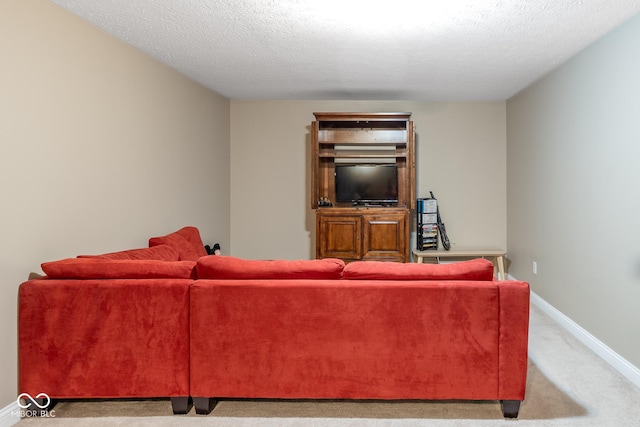 living area featuring baseboards, a textured ceiling, and carpet floors