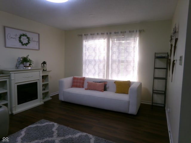 living area featuring dark wood-style floors and baseboards