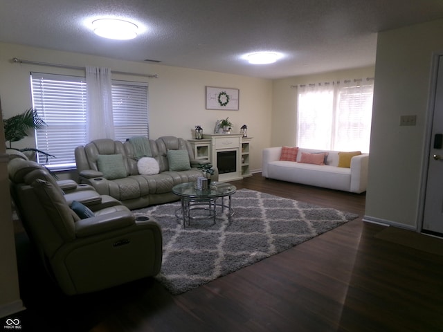 living area featuring dark wood-style floors and a textured ceiling