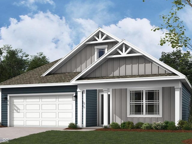 view of front of property featuring board and batten siding, a front lawn, concrete driveway, roof with shingles, and an attached garage