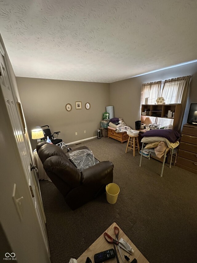 carpeted living room with a textured ceiling and baseboards