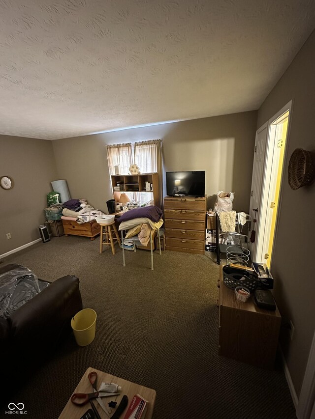 living area with baseboards, a textured ceiling, and carpet