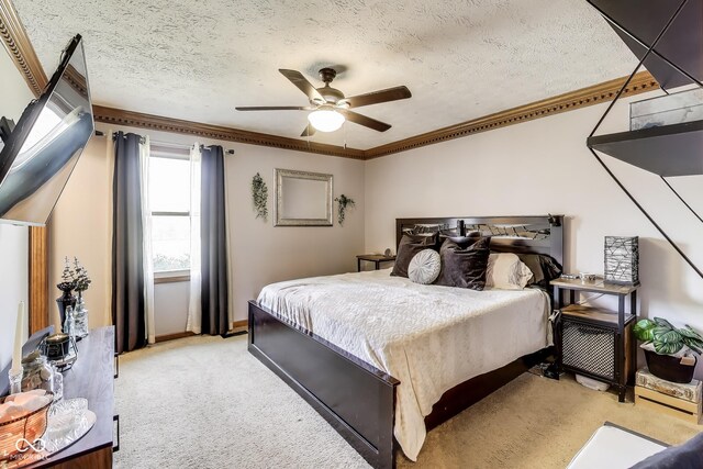 7152 Sandalwood Dr, Avon, IN 46123 - bedroom featuring light carpet, crown molding, ceiling fan, and a textured ceiling