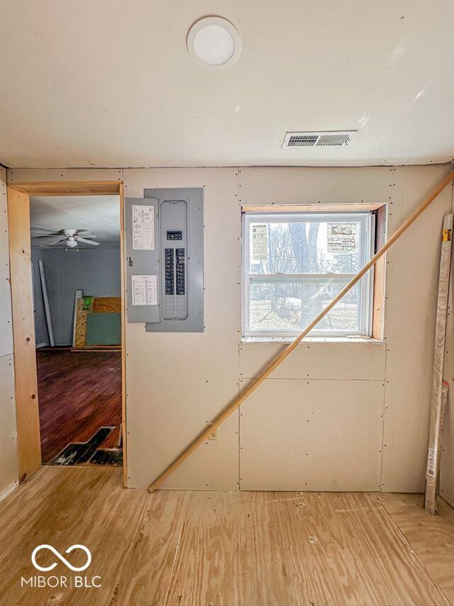 interior space with electric panel, a ceiling fan, and visible vents