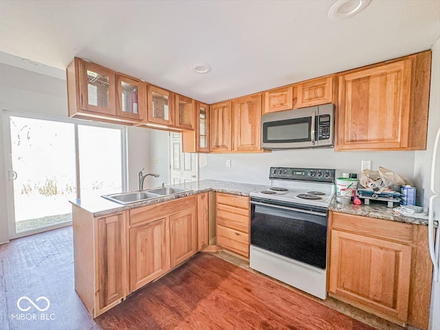 kitchen featuring a sink, stainless steel microwave, electric range, and light brown cabinets