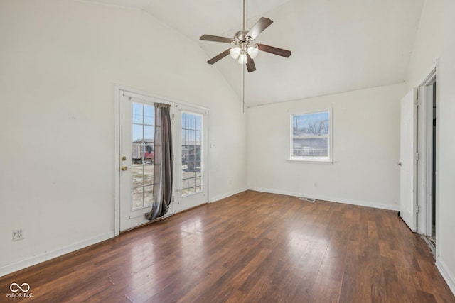 1039 S Ohio St, Martinsville, IN 46151 - empty room with high vaulted ceiling, baseboards, ceiling fan, and wood finished floors