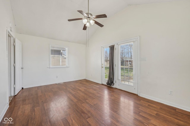 1039 S Ohio St, Martinsville, IN 46151 - unfurnished room with baseboards, wood finished floors, high vaulted ceiling, and ceiling fan
