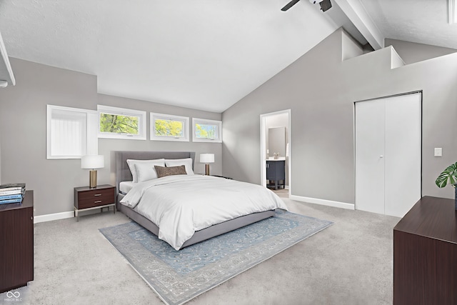 1641 Whistler Ter, Indianapolis, IN 46229 - bedroom with baseboards, beam ceiling, connected bathroom, and high vaulted ceiling