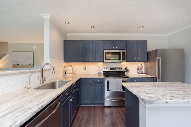 9011 Harrison Run Dr, Indianapolis, IN 46256 - kitchen featuring appliances with stainless steel finishes, crown molding, a sink, light stone counters, and dark wood finished floors
