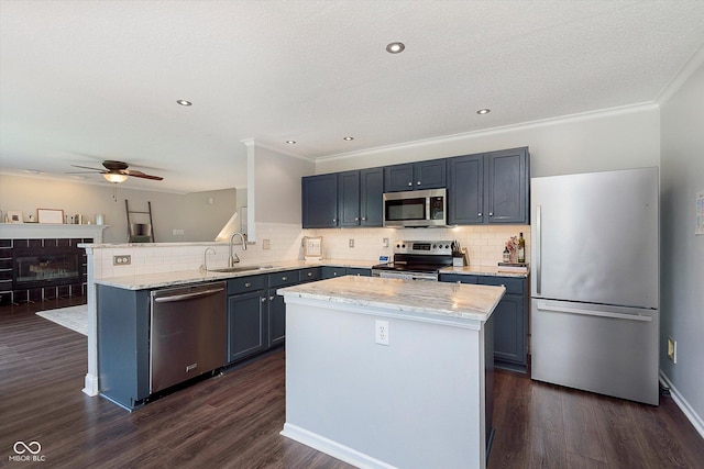 9011 Harrison Run Dr, Indianapolis, IN 46256 - kitchen with stainless steel appliances, a sink, ceiling fan, a peninsula, and crown molding