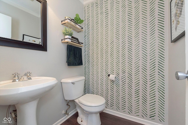 9011 Harrison Run Dr, Indianapolis, IN 46256 - bathroom with toilet, wood finished floors, baseboards, a sink, and crown molding