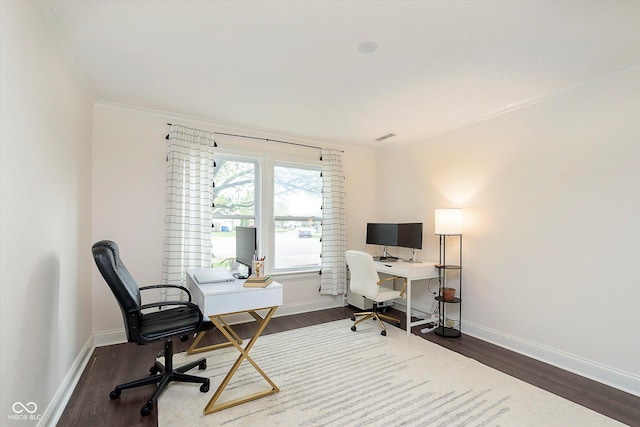 9011 Harrison Run Dr, Indianapolis, IN 46256 - office area with ornamental molding, baseboards, and wood finished floors