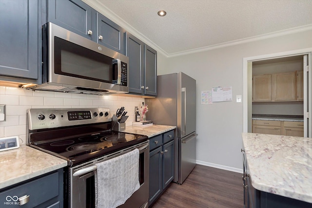 9011 Harrison Run Dr, Indianapolis, IN 46256 - kitchen featuring appliances with stainless steel finishes, crown molding, dark wood-type flooring, tasteful backsplash, and baseboards
