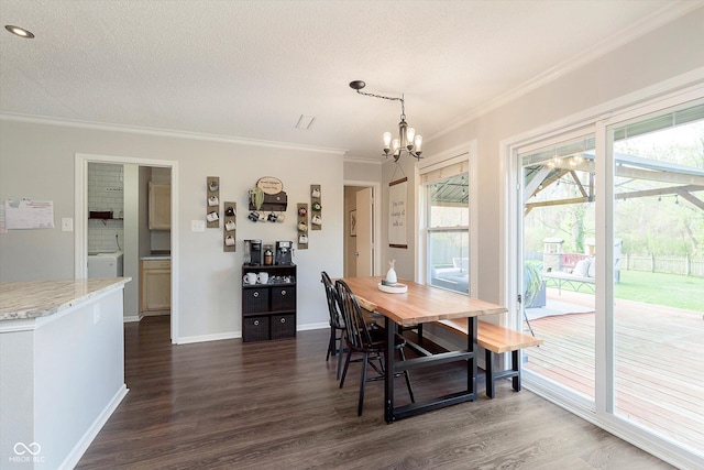 9011 Harrison Run Dr, Indianapolis, IN 46256 - dining space featuring ornamental molding, a chandelier, dark wood-style flooring, baseboards, and washer / clothes dryer