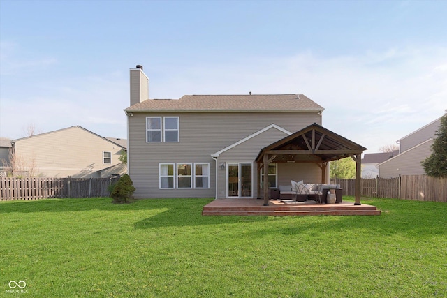 9011 Harrison Run Dr, Indianapolis, IN 46256 - rear view of house featuring outdoor lounge area, a wooden deck, and a chimney