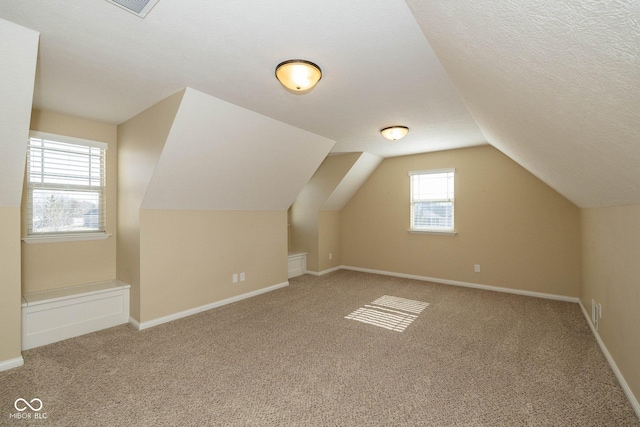 3792 Waterfront Way, Plainfield, IN 46168 - bonus room with carpet flooring, a textured ceiling, baseboards, and vaulted ceiling