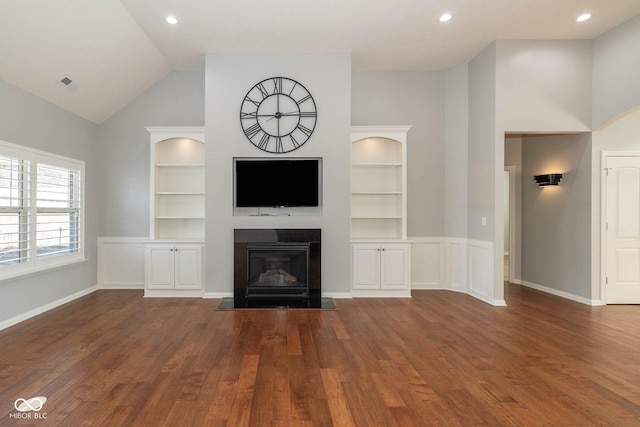 3792 Waterfront Way, Plainfield, IN 46168 - unfurnished living room with visible vents, built in shelves, a fireplace with flush hearth, wood finished floors, and recessed lighting