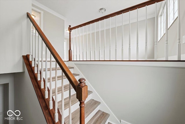 stairs with wood finished floors and ornamental molding