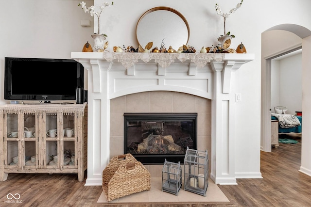 1521 Avondale Dr, Westfield, IN 46074 - detailed view of wood finished floors, a fireplace, arched walkways, and baseboards
