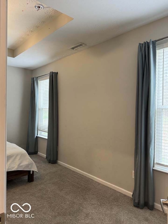 unfurnished bedroom featuring carpet floors, multiple windows, and visible vents
