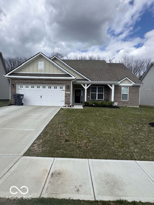 single story home featuring a front yard, a garage, brick siding, and concrete driveway