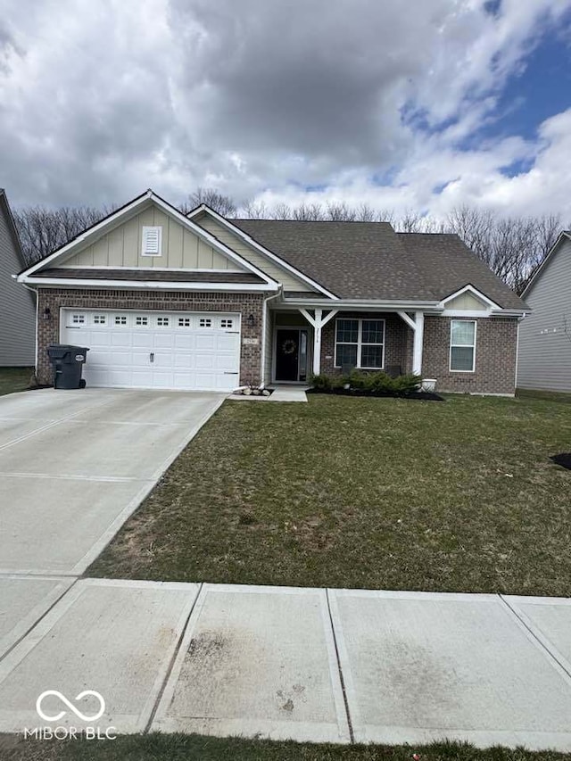 ranch-style home featuring brick siding, driveway, a front lawn, and an attached garage