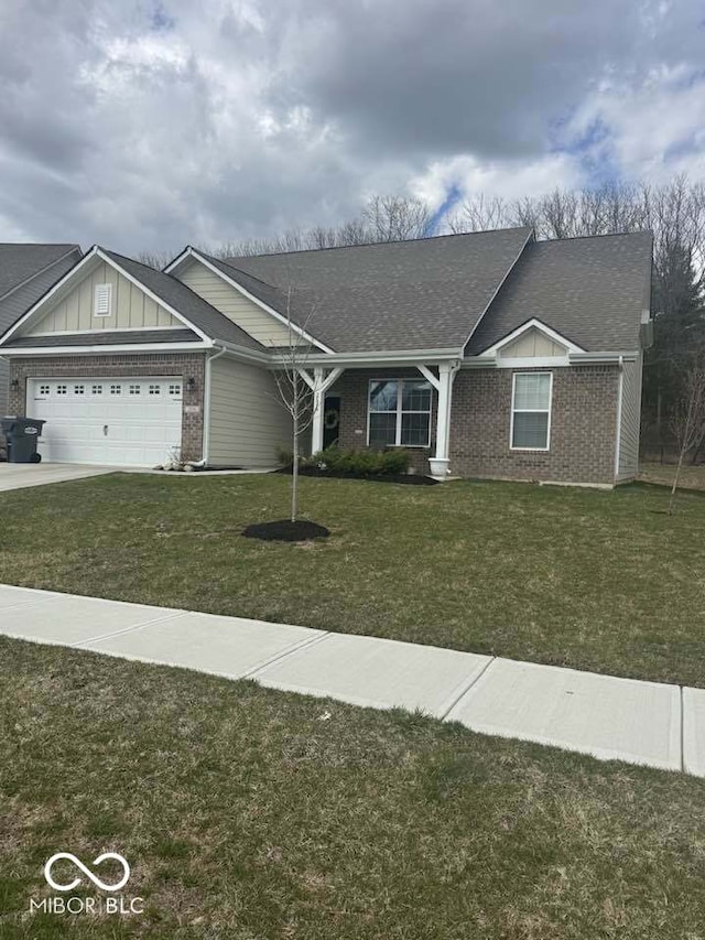 single story home with a front yard, board and batten siding, brick siding, a shingled roof, and a garage