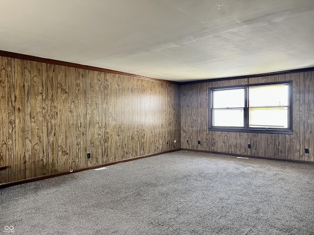 unfurnished room with wooden walls, baseboards, and carpet floors