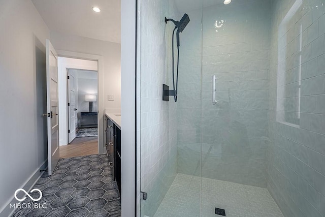 395 Breakwater Dr, Fishers, IN 46037 - bathroom featuring tile patterned floors, vanity, and a shower stall
