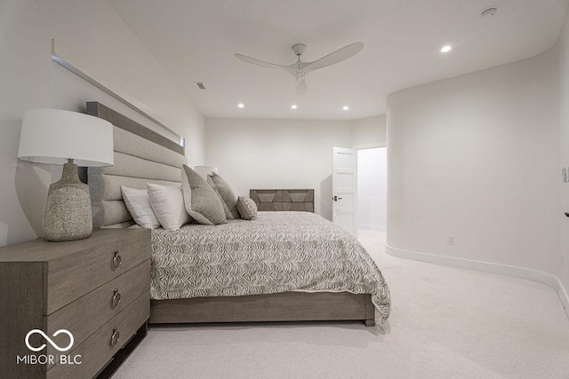 395 Breakwater Dr, Fishers, IN 46037 - bedroom with visible vents, baseboards, recessed lighting, a ceiling fan, and light carpet