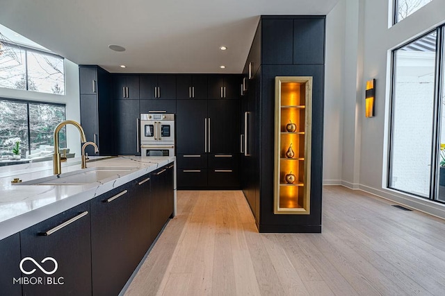 395 Breakwater Dr, Fishers, IN 46037 - kitchen with light wood-style flooring, light stone countertops, modern cabinets, a sink, and dark cabinets
