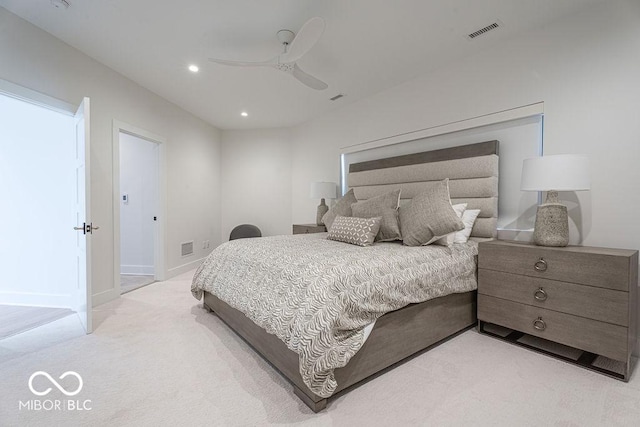 395 Breakwater Dr, Fishers, IN 46037 - bedroom with visible vents, baseboards, ceiling fan, recessed lighting, and light colored carpet