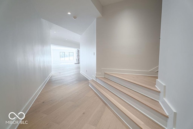 395 Breakwater Dr, Fishers, IN 46037 - hall featuring baseboards, wood finished floors, and recessed lighting