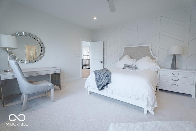 395 Breakwater Dr, Fishers, IN 46037 - bedroom featuring recessed lighting, carpet flooring, baseboards, ceiling fan, and a decorative wall