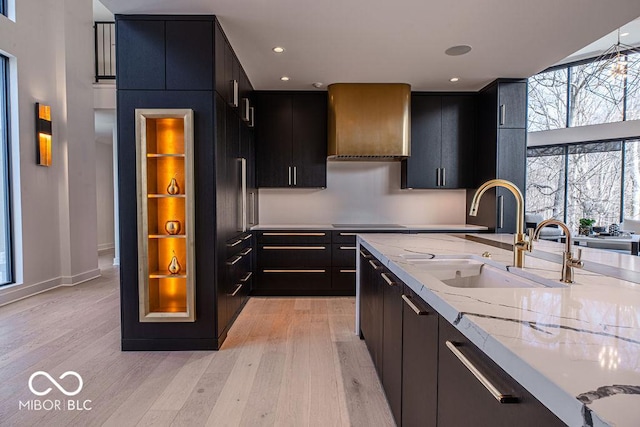 395 Breakwater Dr, Fishers, IN 46037 - kitchen featuring light stone counters, a sink, dark cabinetry, light wood-type flooring, and custom exhaust hood