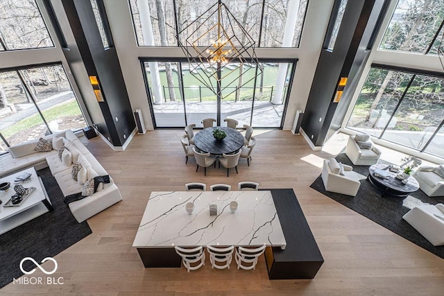 395 Breakwater Dr, Fishers, IN 46037 - living area with baseboards, a towering ceiling, an inviting chandelier, and light wood-style floors