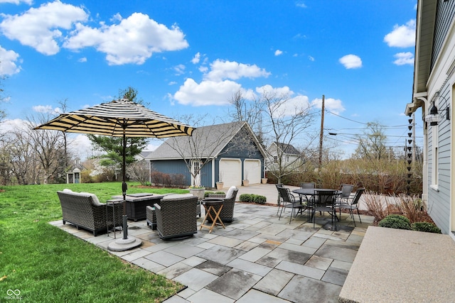 450 W Ash St, Zionsville, IN 46077 - view of patio with an outdoor living space with a fire pit, fence, an outdoor structure, and outdoor dining area