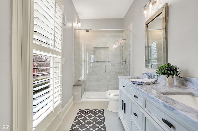450 W Ash St, Zionsville, IN 46077 - bathroom with double vanity, a stall shower, tile patterned floors, toilet, and a sink